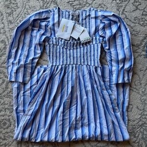 Ganni Blue and White Ruched Puff Sleeve Sundress